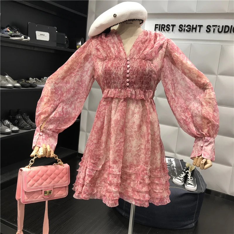 

Women Retro Chiffon Floral Print A-line Dress 2019 Summer V Neck Long Lantern Sleeve Slim Waist Ruffled Vestidos H670