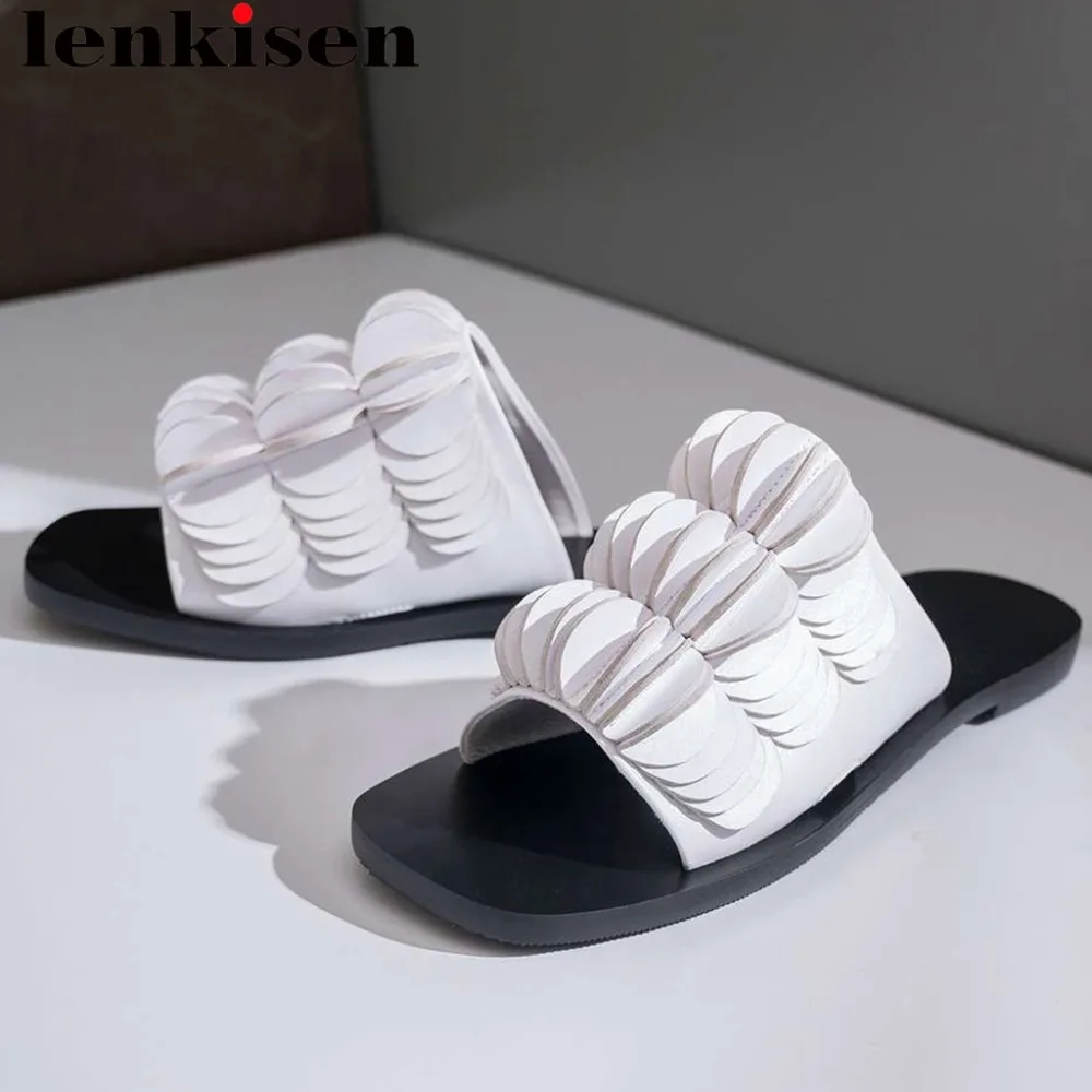 

Lenksien art design genuine leather slip on mules pretty girls vintage retro women slippers square peep toe dating shoes L52