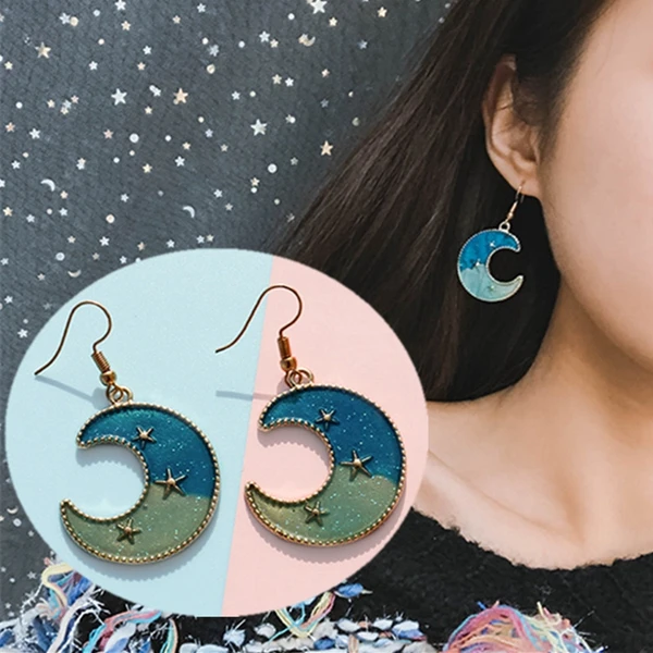 

Hot Sale Fashion Statement Blue Moon Star Starry Dream Girl Small Dangle Drop Earring for Women Jewelry Bijoux Brincos Oorbellen