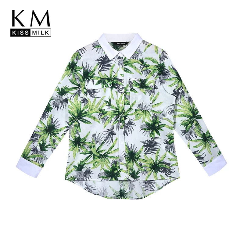 

kissmilk 2018 Plus Size Fashion Leaf Printed Women Blouses Turn-down Collar Female Tops Big Size Casual Lady Shirts 3XL- 6XL