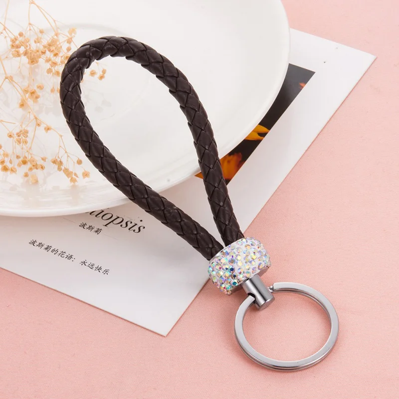 

Handmade Auto Key Buckle Mosaic Rhinestone Braided Rope Key Chains Leather Woven Couple Keychain Car Metal Key Ring Key Holder