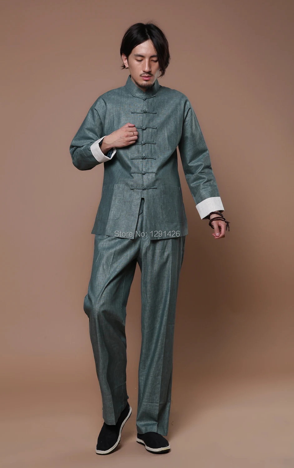 Бесплатная доставка! Бежевый 2014 Новое поступление китайский Мужской Хлопковый льняной костюм с длинными рукавами кунг-фу MKH01