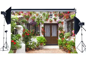 

Rural Countyard Backdrop Blooming Fresh Flowers Backdrops Shabby Wood Door Green Plants Weathered Background