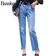 Bazaleas Лето Синий Лоскутная Denim Boyfriend Джинсы Стрейч Нерегулярные Края Женщины Жан Мода Сращены Panelled Femme Брюки