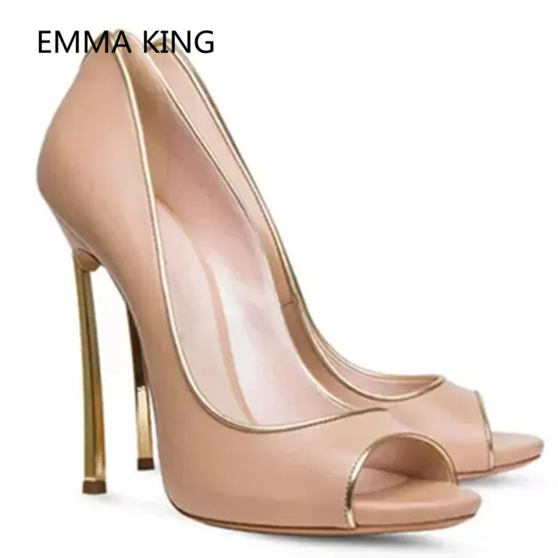 

New Design Gold Metal Heel Women Pumps Shoes Peep Toe Slip On Office Wedding Shoe Woman Leather Shallow Stilettos High Heel Pump