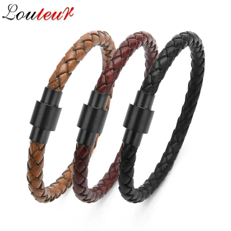 

LOULEUR Mens Bracelet Brown Black Braided Leather Bracelets for Men Stainless Steel Magnetic Clasp Fashion Bangles 19/21cm