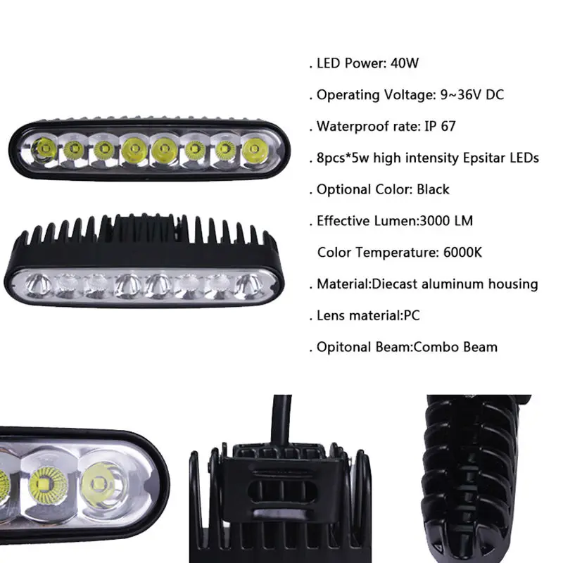 2 Motorcycle Boat Driving Headlight Bar x2pcs 6 Inch 40W LED Work Light for Indicators Motorcycle Driving Offroad Boat Car Tractor Truck 4x4 SUV ATV 12V to replace 18w led work light working lamp