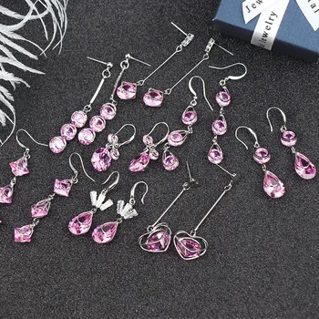

JOUVAL Pink Water Drop Heart Crystal Hanging Earrings For Women Elegant Silver Color Long Dangle Earrings Female Korean Jewelry