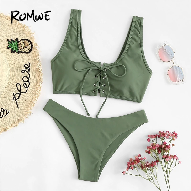 

Romwe Sport Army Green Lace-Up Tank Top With High Leg Bottoms Bikinis Set Women Plain Scoop Neck Wire Free Sexy Swimsuit
