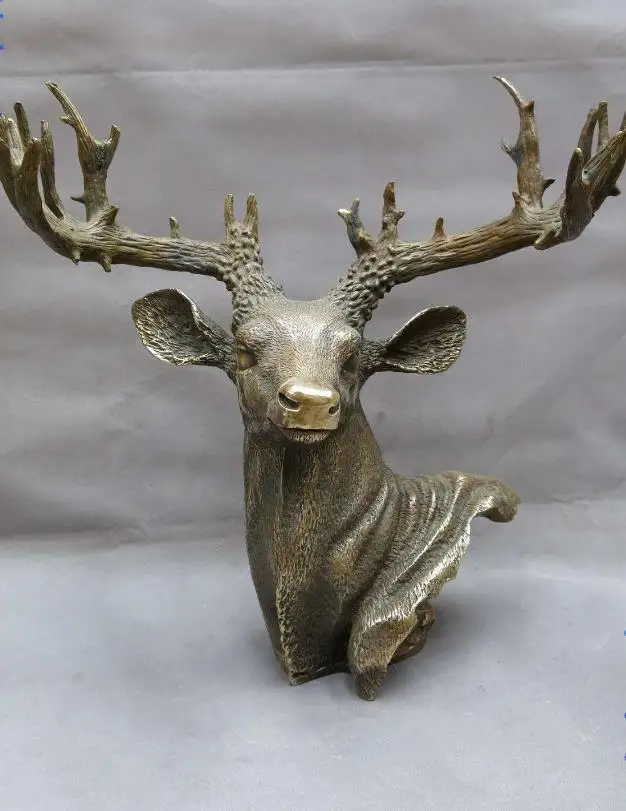 

671115275++15" China brass copper carved lucky sculpture Sika Deer wapiti head Statue