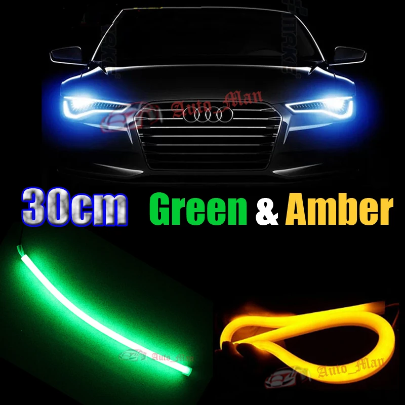 

2x 30cm Green&Amber DRL&Turn Signal Switchback Tube Style Flexible LED Strips for Car Motorcycle Headlight Universal Retrofit