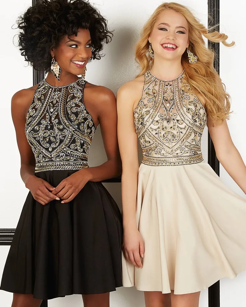 2017 Two Colors Crystal Halter Homecoming Dresses Mini Summer Exquisite Beading Vestido Romantic Black Cocktail Hot Sale | Свадьбы и