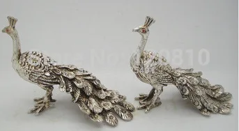 

Collectible Pair Old Decorated Handwork Carving white copper Peacock statue AAA