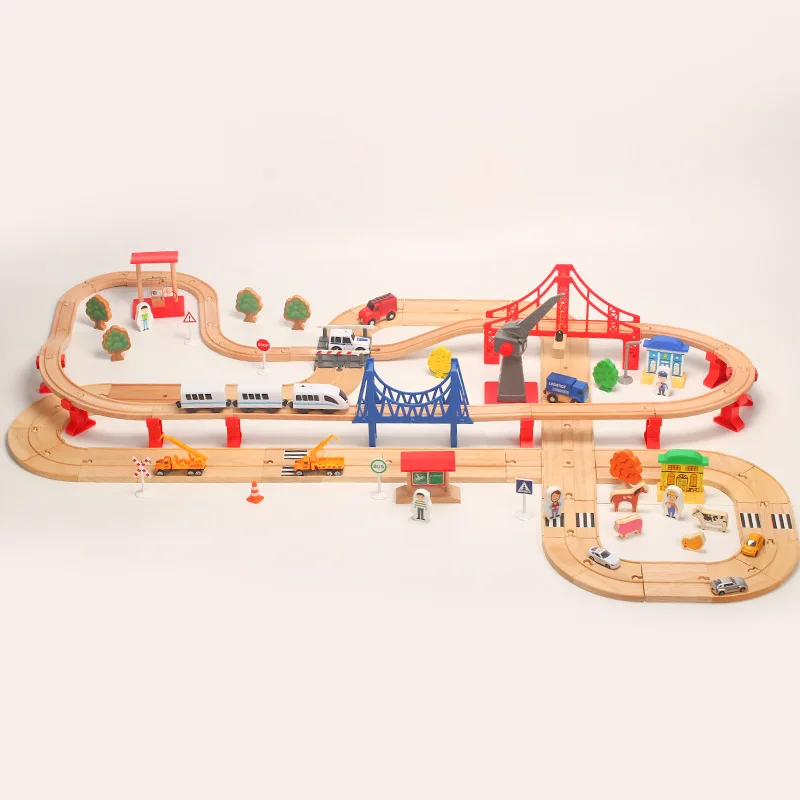 Деревянный трек поезд игрушка литой автомобиль маленький поезд двойной трек строительство дорожный поезд набор совместим с другими брендами деревянных дорожек