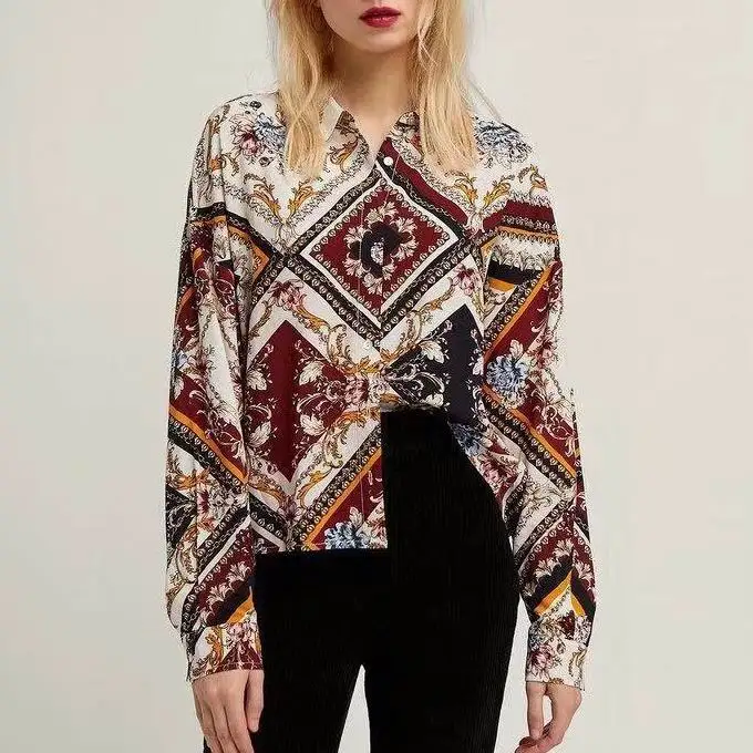 

za 2019 spring women's Loose women froal print CHIFFON SHIRTS blouses tie belt shirts blusa female BOW TIE shirts shorts
