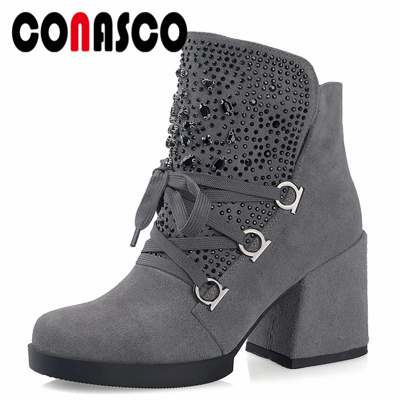 

CONASCO New Arrival Women Ankle Boots Autumn Winter Warm Cow Suede High Heels Shoes Woman Round Toe Bling Party Dancing Pumps