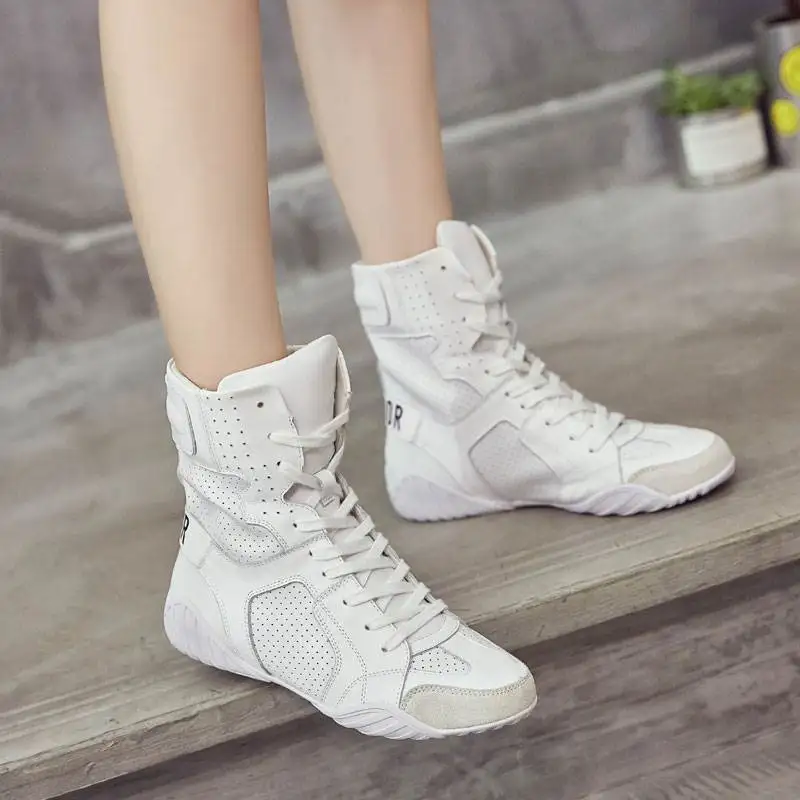 

Autumn Hip Hop Design High Top Sneakers Women Genuine Leather Ankle Boots White Casual Shoes Round Head Lace-up Sneakers