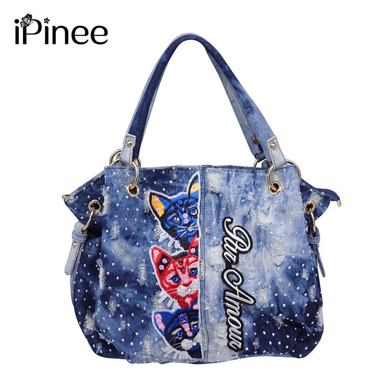 IPinee брендовая сумка из потертой джинсовой ткани, женская сумка на плечо с вышивкой, женская большая сумка-тоут, женские сумки-мессенджеры