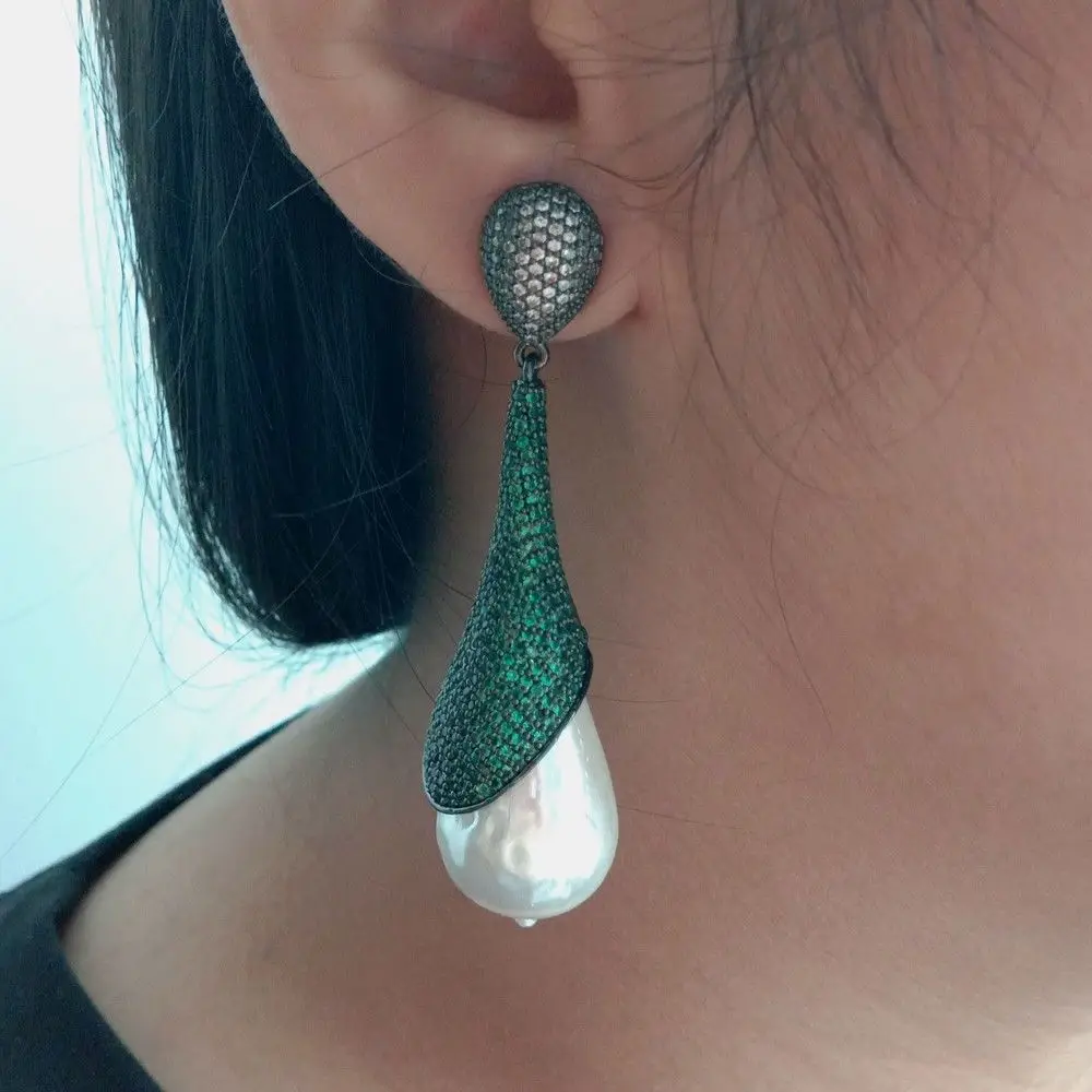 

White Sea Shell Pearl Green CZ Pave Gunmetal Earrings