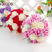 Три цвета фиолетовый красный розовый свадебный букет из роз высококачественный цвета слоновой кости розы бросок Свадебные цветы невесты букеты