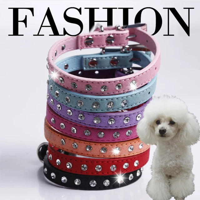 1 Row Rhinestone Dog Collar Diamante Pet Collars Suede Leather XXS XS S