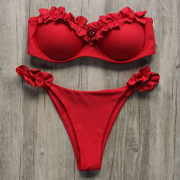 RXRXCOCO бренд сексуальный комплект бикини пуш-ап с рюшами женский купальник, бандажный купальник с оборкой купальный костюм Maillot De Bain Femme - Цвет: Red