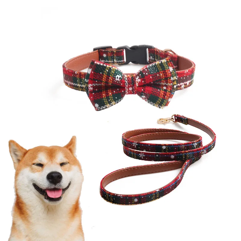 

Bowknot Pets Christmas Dog Collars Leash Set Snowflake Striped Medium Dogs Leashes Bulldog/Pug Adjustable Collar