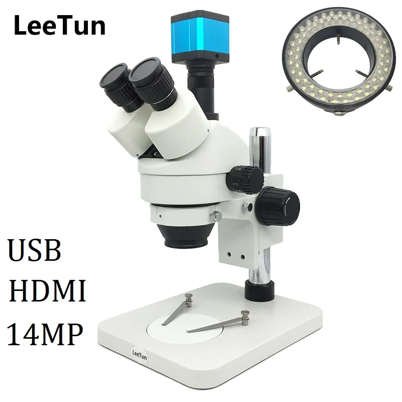 

7X-45X Trinocular Illuminated Zoom Stereo Microscope with LED Light 14MP USB HDMI Camera for Phone Repairing PCB Inspection