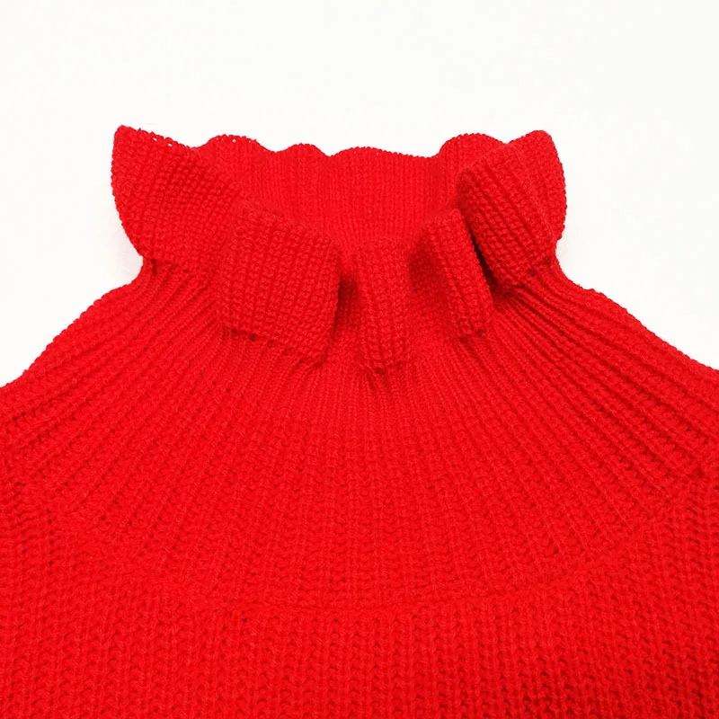 BOOFEENAA вязаный свитер с оборками женский укороченный пуловер красная Сексуальная Водолазка с длинным рукавом короткий топ осень свитера C81-AC63