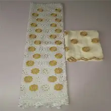 LY!(5+ 2 ярдов/комплект) Высококачественная Белая Золотая африканская швейцарская хлопчатобумажная вуаль кружевная ткань с аккуратной вышивкой плюс шифоновое кружево! P71863