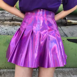 Новый 2018 Для женщин Высокая талия юбка из искусственной кожи плиссированные мини-Юбки формы А Harajuku Стиль Лето Лазерная юбка Глянцевая