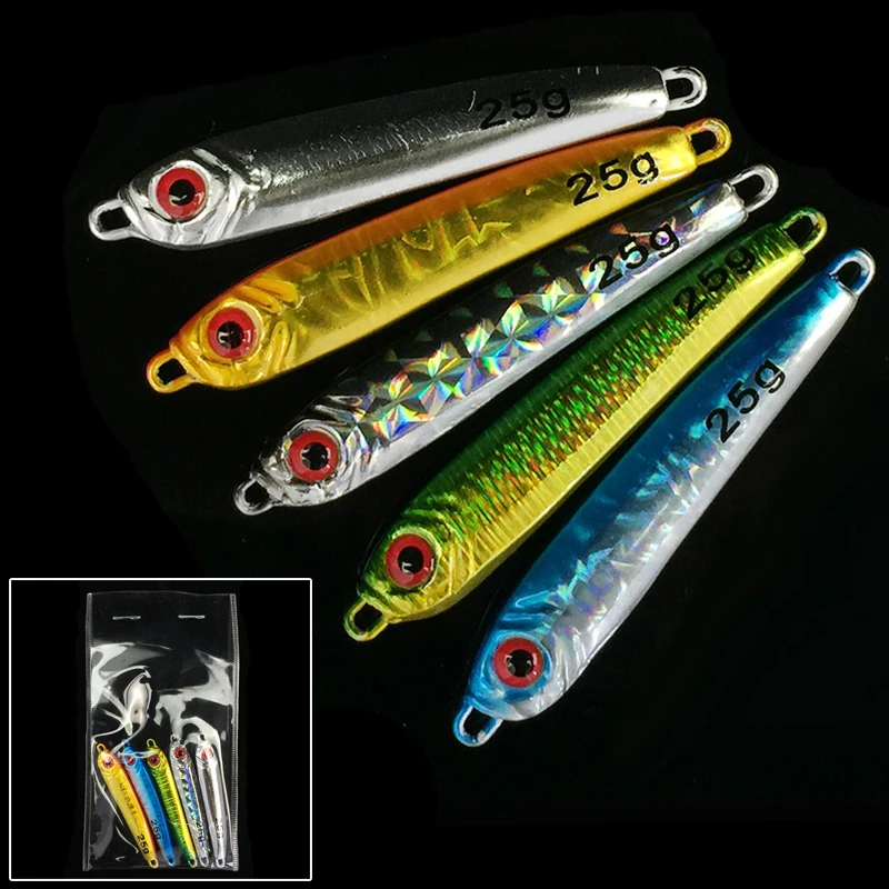 5pcs/set Jigging Fishing Spoon Iron Lead Lure Plate Long Shot 25g 3D