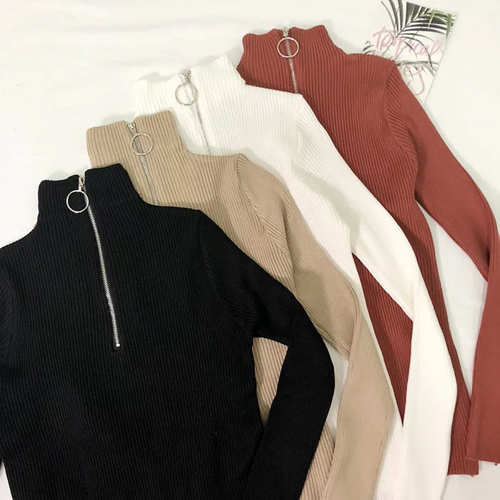 

Zipper Turtleneck Solid Women Sweater Skinny Elastic Knitted Full Sleeve Pullover Soft Femme Spring Jumper High Quality