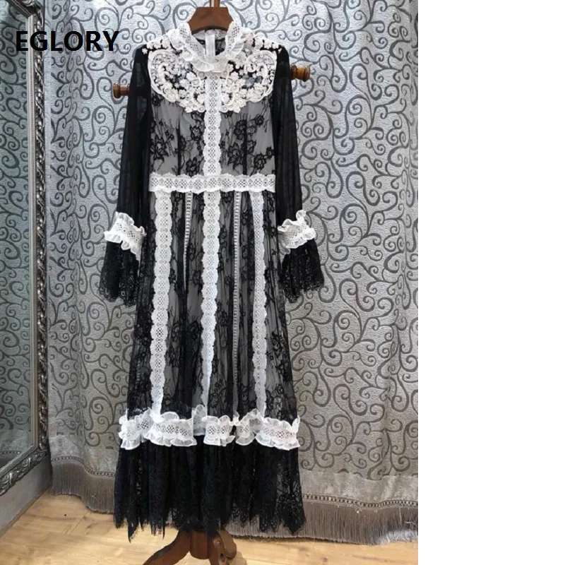 

Lace Evening Vestidos Special Occasion Women's Dress 2019 Spring Fashion Black White Lace Color Patchwork Long Sleeve Dress Maxi