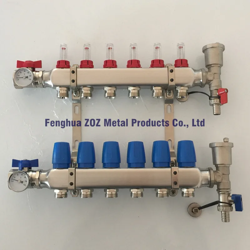 6 Port stainless steel manifolds for underfloor heating systems