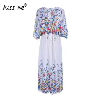 

Loose Printed Long Cover Up Beach Woman Free Size Beach Dress Summer Sarong Tunic Drawstring Beach Wear Swimsuit Cover Ups