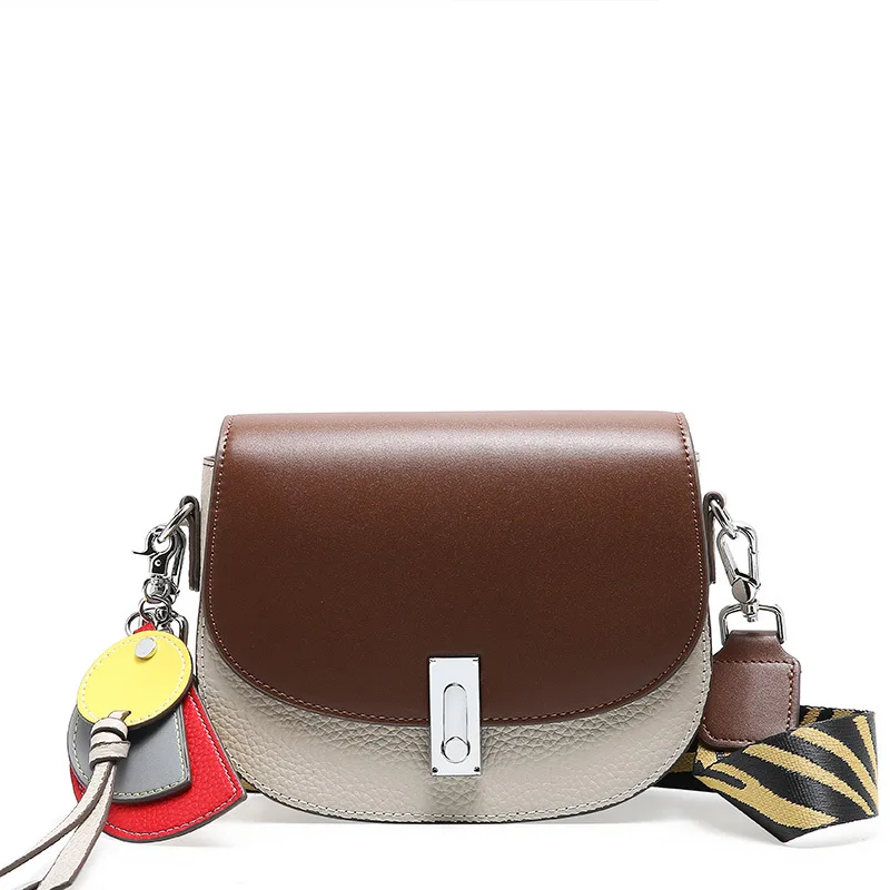 Stylish and gorgeous saddle-shaped design contrast color women messenger bags wide-band crossbody retro wild leather women's bag