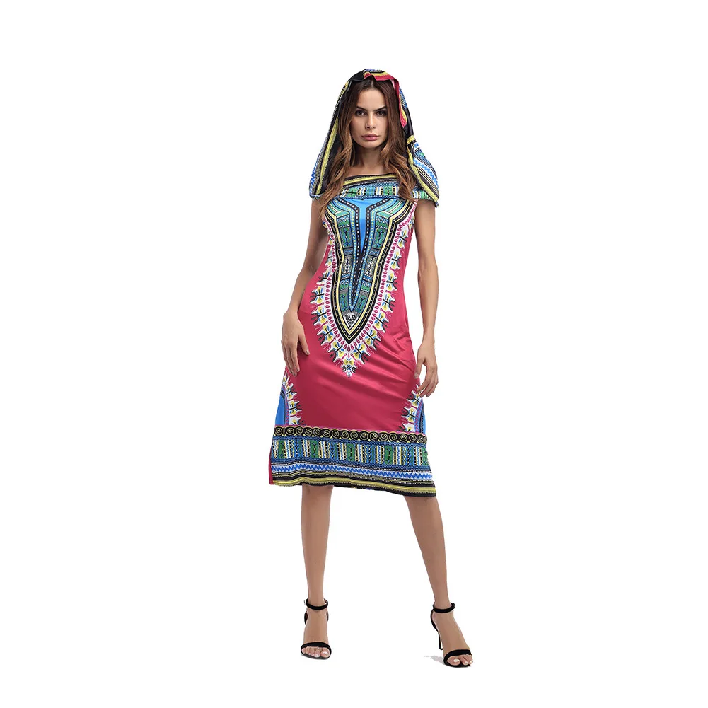2018 Women Dress Suits Printed Geometric Hooded sleeveless summer printing hooded skirt female fashion national style Dress