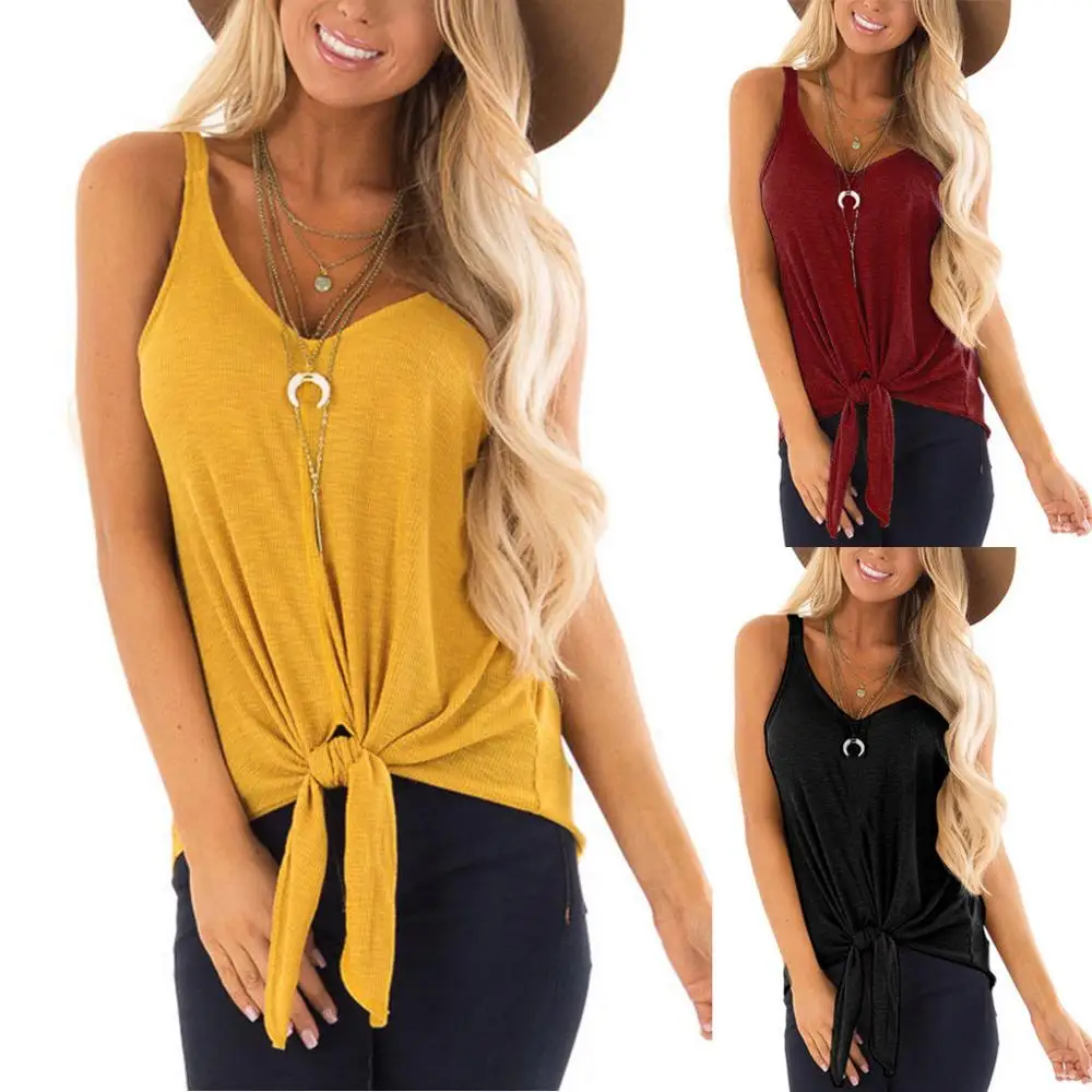 

Womens Fashion Summer Neck Casual Sleeveless Vest Soild Tie Up Tee Shirt Tops
