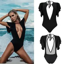 Летние бикини Mujer сексуальные женские черные глубокие V цельные оборки Lotus Leaf воротник пуш-ап бикини пляжный костюм купальник