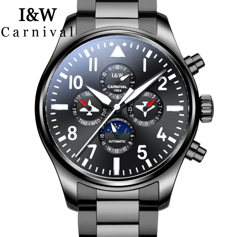 I & W الطيار ووتش الرجال كرنفال رجل التلقائي الساعات الميكانيكية الفولاذ المقاوم للصدأ للماء القمر المرحلة ساعة اليد erkek كول الساعاتي