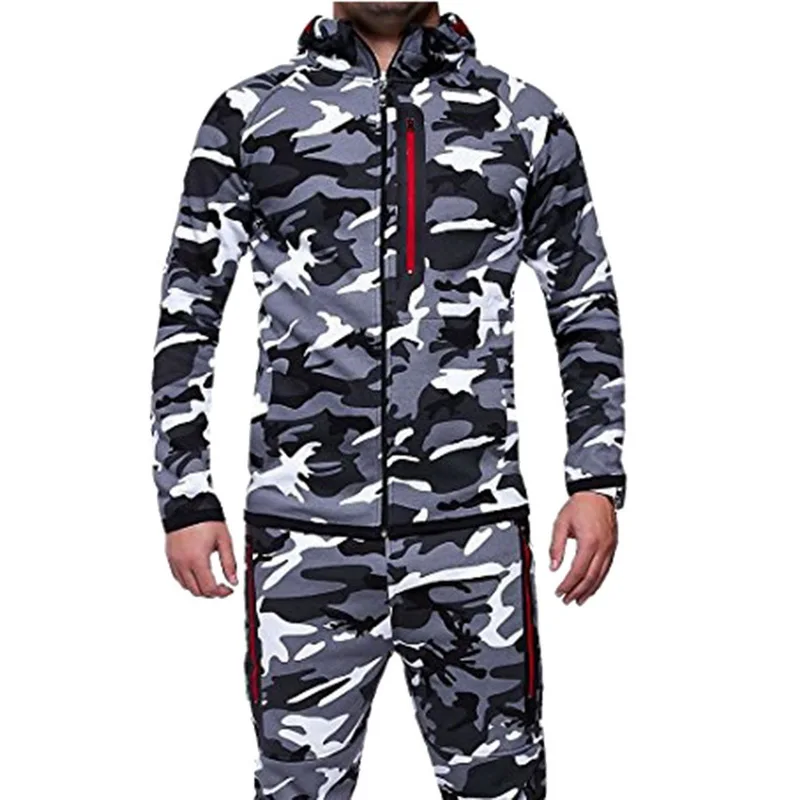 Мужская камуфляжная куртка с принтом+ брюки, комплект мужской спортивный костюм, модная Уличная Повседневная спортивная одежда, мужская спортивная одежда 3XL - Цвет: light gary