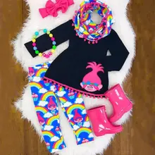 Новая Модная хлопковая одежда для маленьких девочек с героями мультфильмов, комплект из 3 предметов, футболка платье-топ+ длинные радужные штаны, леггинсы детский комплект От 2 до 7 лет