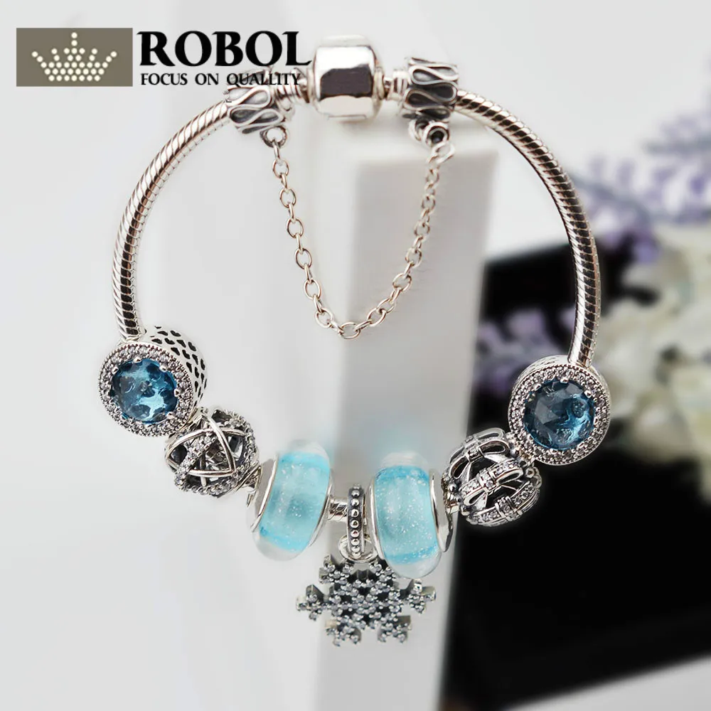 

ROBOL925 Sterling Silver Fashion Snowflake Charm Bracelet & Bangle European Beads Bracelets For Women Diy Jewelry Christmas Gift