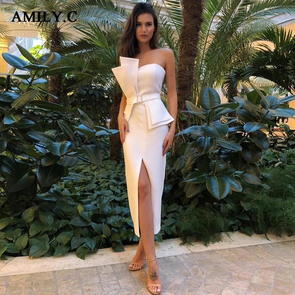 Amily. c модное сексуальное Белое женское элегантное платье Bodycon без бретелек Асимметричный галстук ремень Новое поступление Vestidos