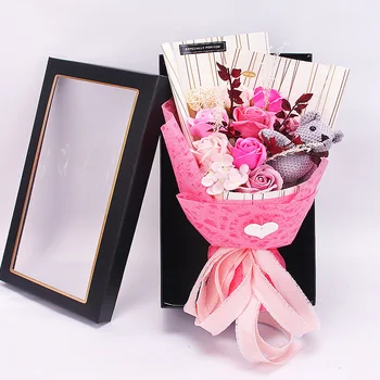 

Artificial Soap Flowers Foam Rose Flower Gift With Box Small Bouquet of Roses Valentine's Day Flower Bear Gift Home Decorations