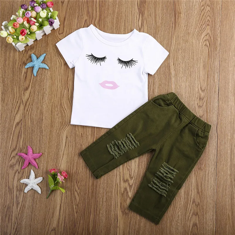 Новые Топы с ресницами для новорожденных девочек, футболка, армейские штаны, леггинсы, комплекты одежды