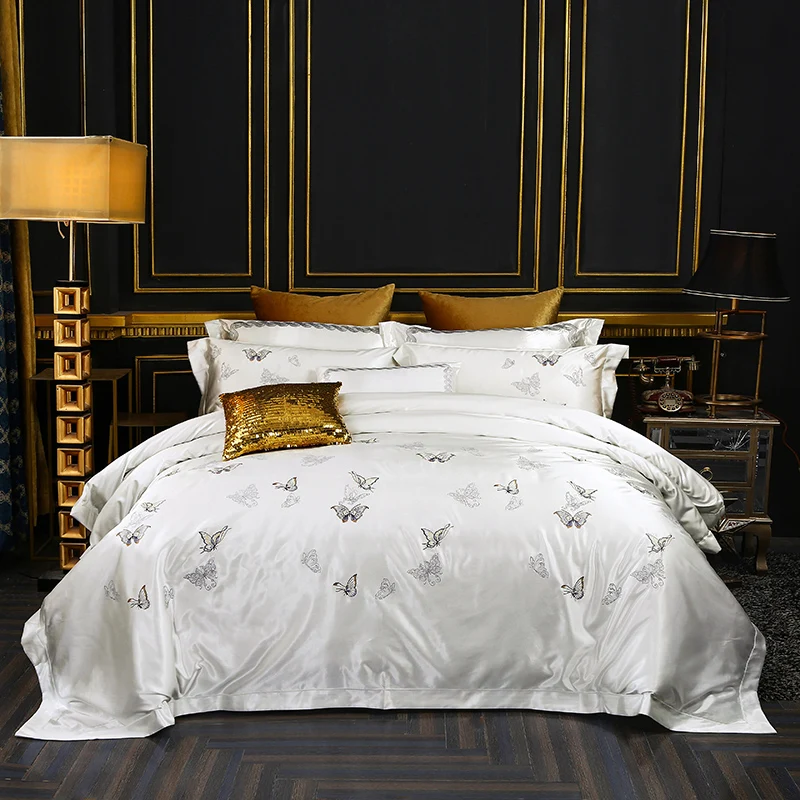Новые Роскошные Высокое качество вышивки Тенсел шелковые постельные принадлежности King queen белый комплект пододеяльник покрывало бабочка