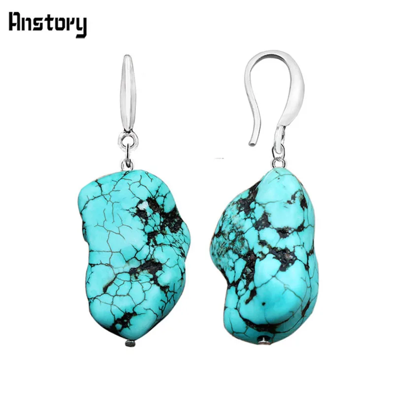 

Irregular Natural Turquoises Earrings For Women Antique Silver Plated Unique Pendant Fashion Jewelry