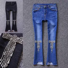 Весна Осень Новые модные, средняя посадка бисером джинсы с бахромой Женские Длинные обтягивающие расклешённые джинсовые брюки плюс размер